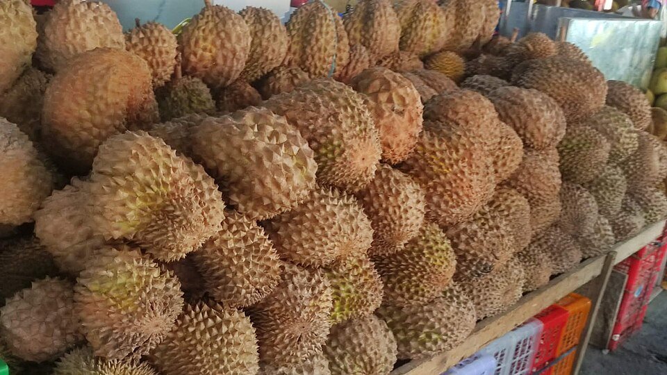 Large display of fresh durian fruits piled on a market stall in Davao, Philippines.